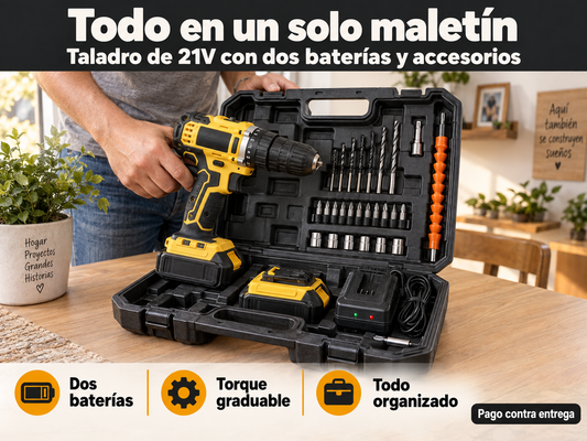 KitMaestro 21V · Taladro inalámbrico con 2 baterías y maletín completo