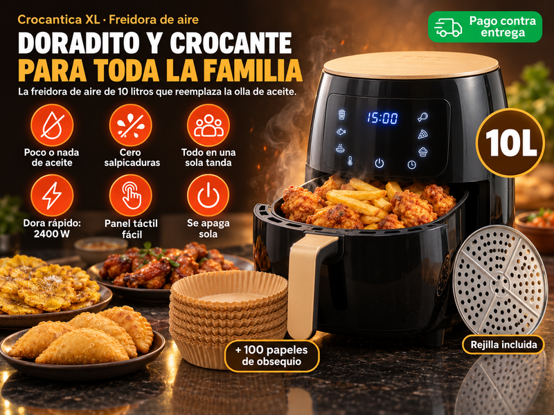 Crocantica XL · Freidora de aire de 10 litros + 100 papeles de obsequio